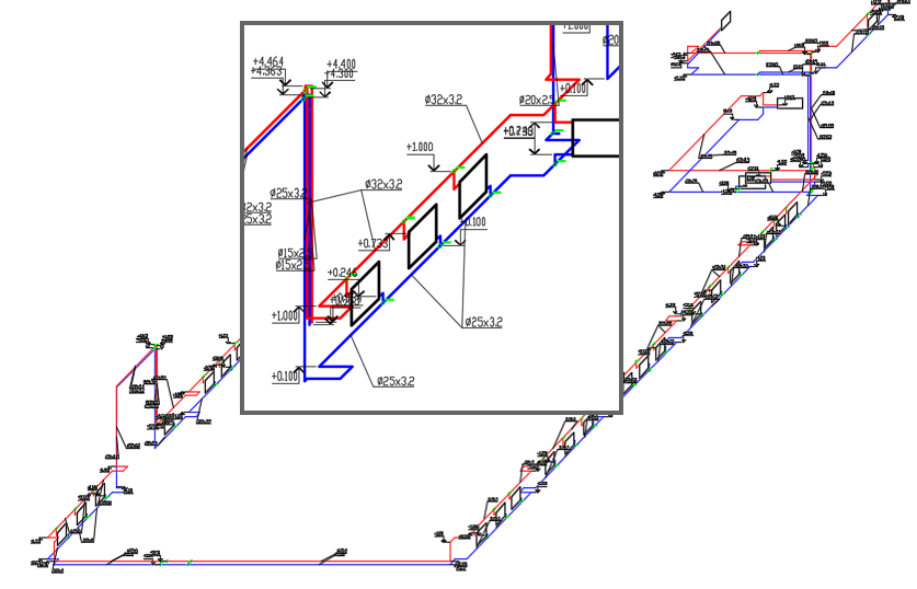 Аксонометрическая схема системы отопления здания, полученная средствами Model Studio CS Трубопроводы